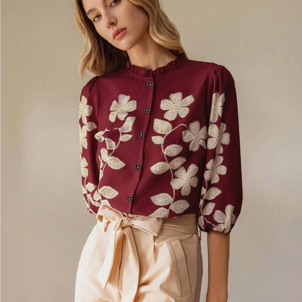 NWOT Cream and Red Puff Sleeve Blouse with Mandarin Collar